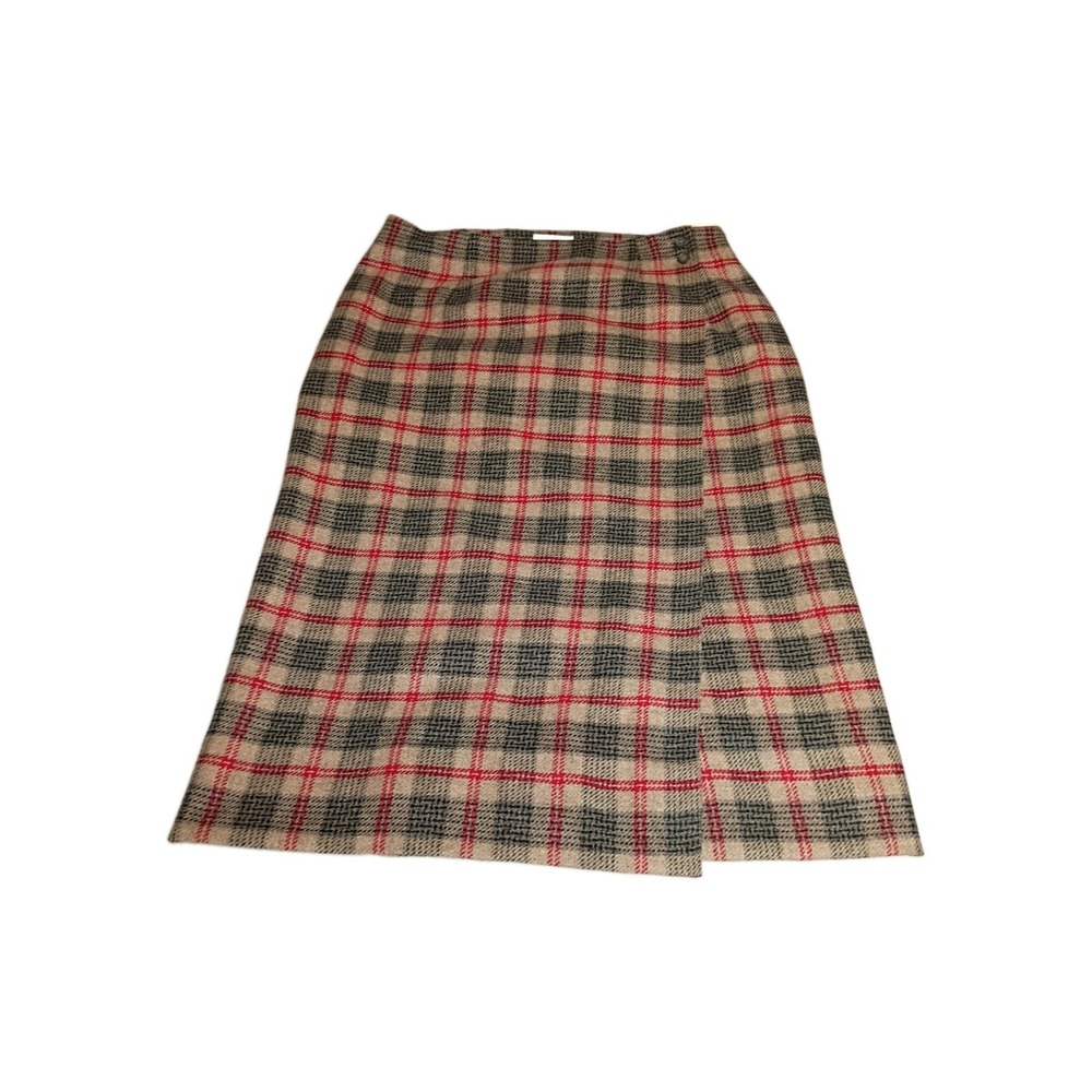 Talbots Wool Wrap Plaid Long Pencil Skirt 16 Italian Fabric Brown Red Tweed